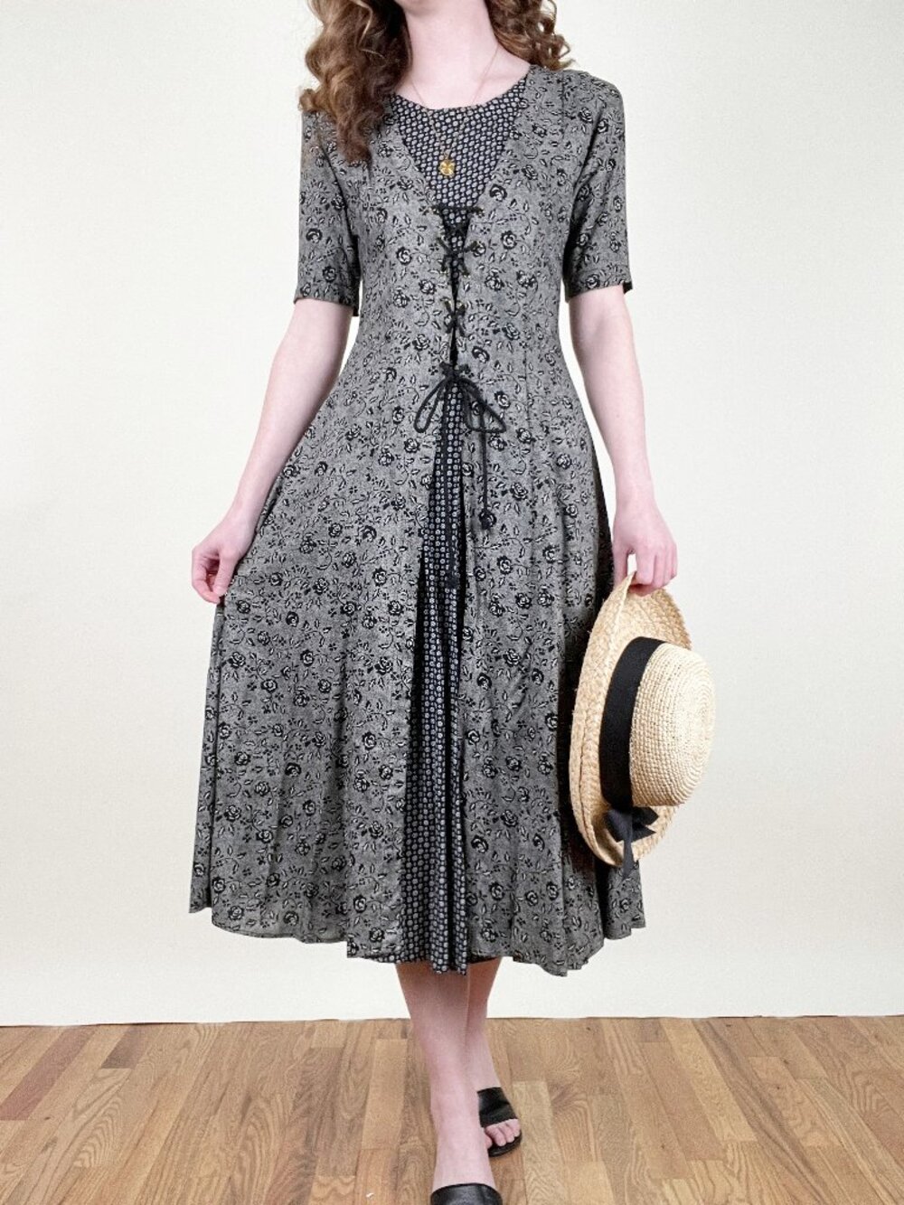 Vintage Lace Up Midi Dress Whimsigoth Corset Grunge Cottagecore Prairie Witchy - Picture 2 of 9